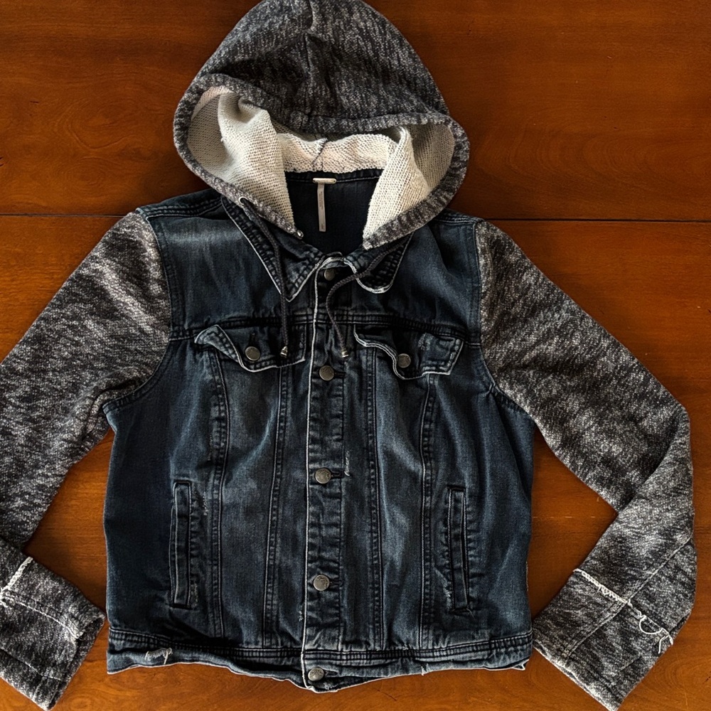 Free People Denim Jacket with Black and Gray Accents & Removable Hood. L - Picture 4 of 16